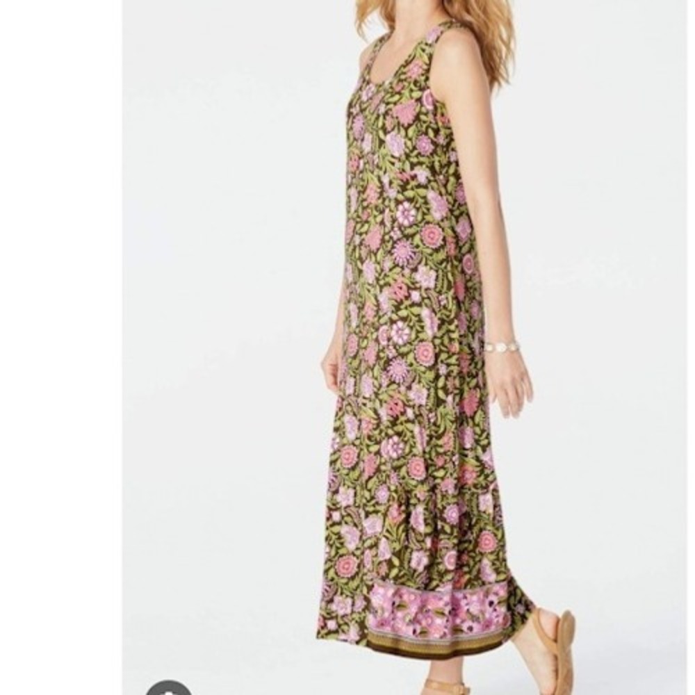 J.Jill Floral Maxi Dress XS Knit Sleeveless Pink Green Casual